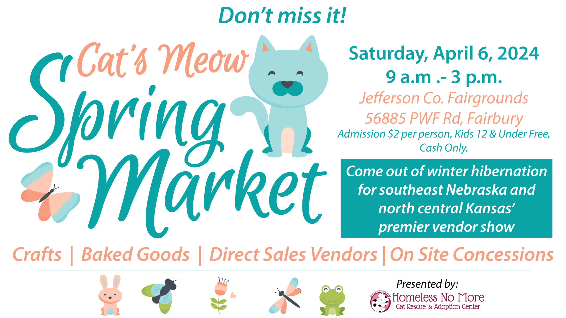 Cat's Meow Spring Market, Saturday, April 6, 2024 from 9 a.m. to 3 p.m. at the Jefferson County Fairgrounds in Fairbury, NE.